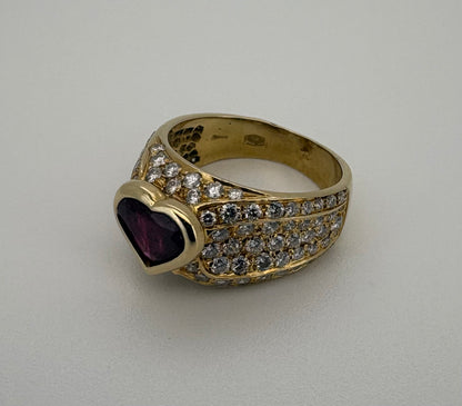 Bague Or Jaune 18K Rubis Coeur et Diamant